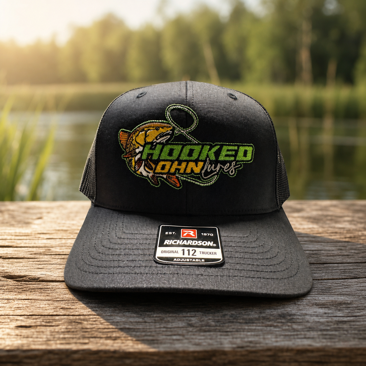 Hooked Ohn Lures black embroidered fishing cap