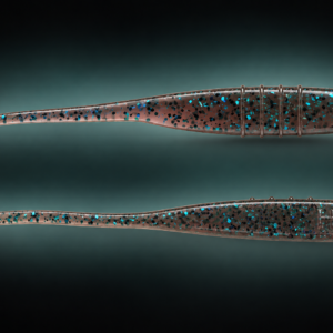 Two views of the Saucer Dirty Money brown soft-plastic lure with black and teal glitter