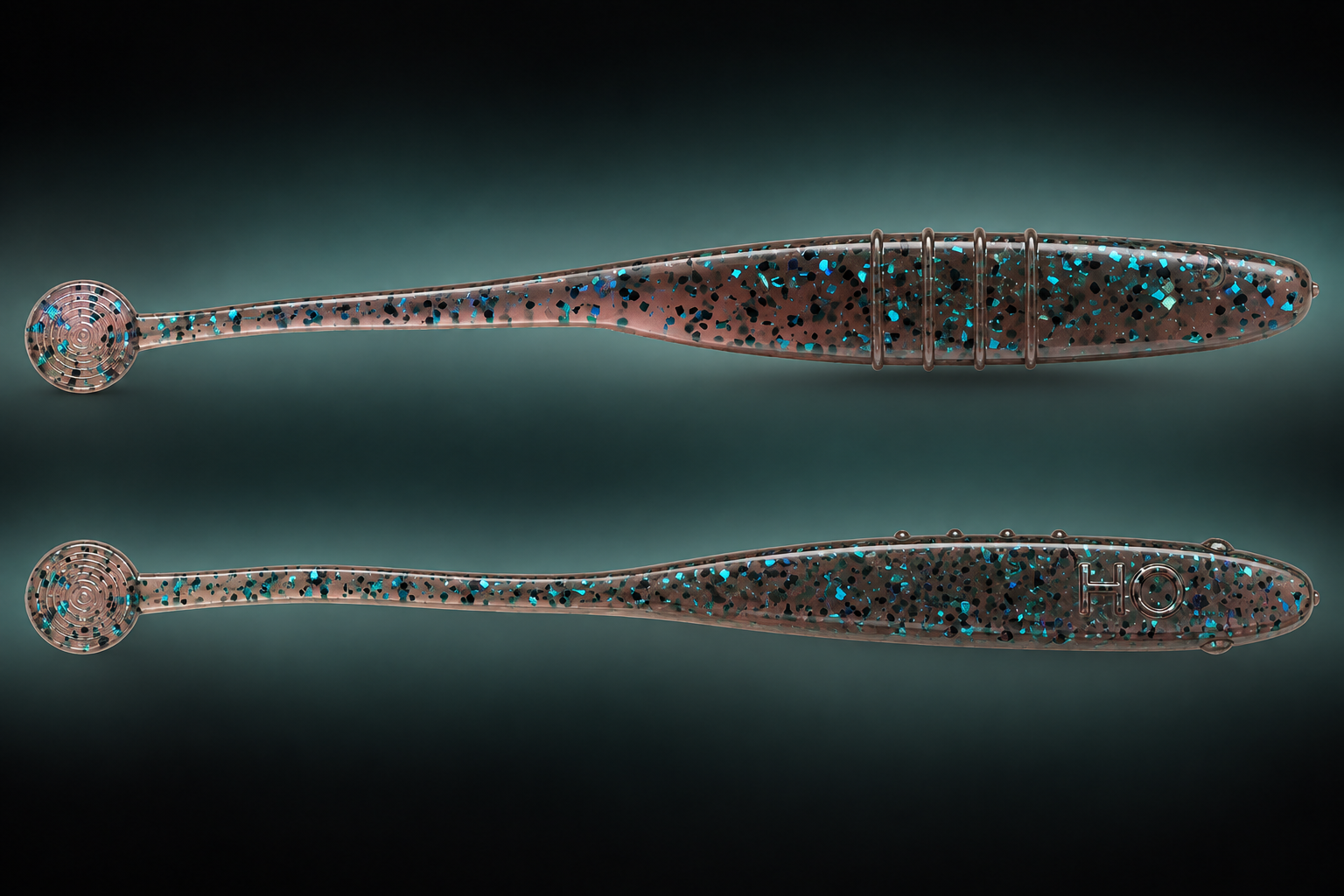 Two views of the Saucer Dirty Money brown soft-plastic lure with black and teal glitter