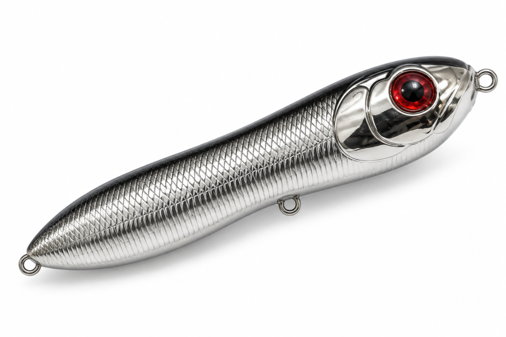 Surface Riot Chrome Assassin topwater lure with chrome silver body, dark back, and red eye