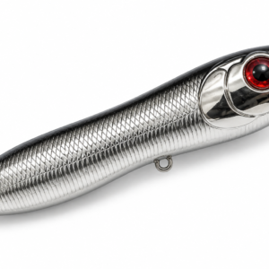 Surface Riot Chrome Assassin topwater lure with chrome silver body, dark back, and red eye
