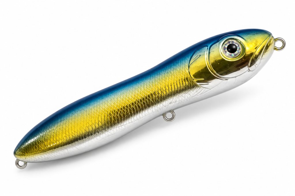 Surface Riot Gold Rush topwater lure with blue back, metallic gold sides, and silver belly
