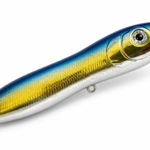 Surface Riot Gold Rush topwater lure with blue back, metallic gold sides, and silver belly