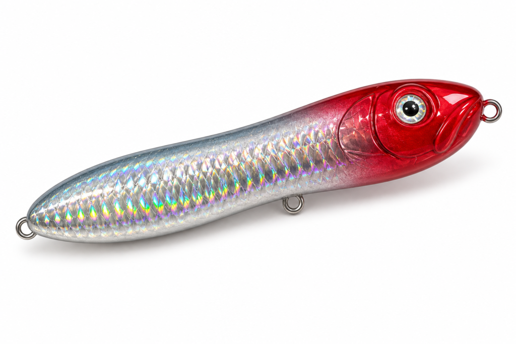Surface Riot Redline topwater lure with red head and holographic silver body