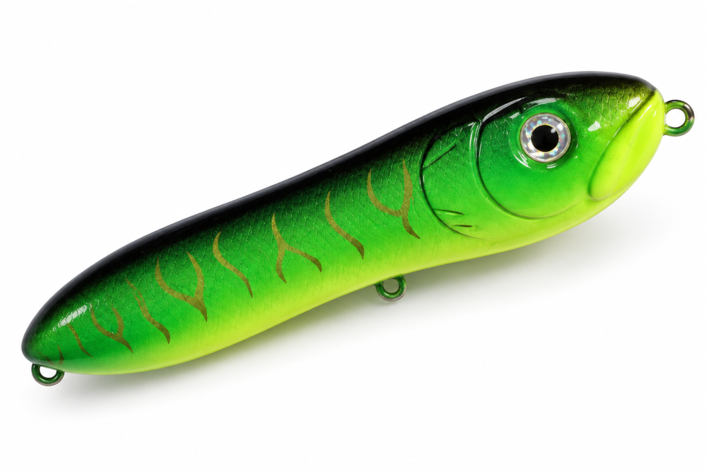 Surface Riot Toxic Tiger topwater lure with green sides, chartreuse belly, and gold tiger markings