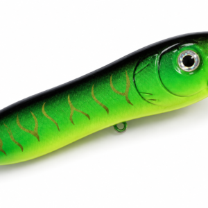 Surface Riot Toxic Tiger topwater lure with green sides, chartreuse belly, and gold tiger markings